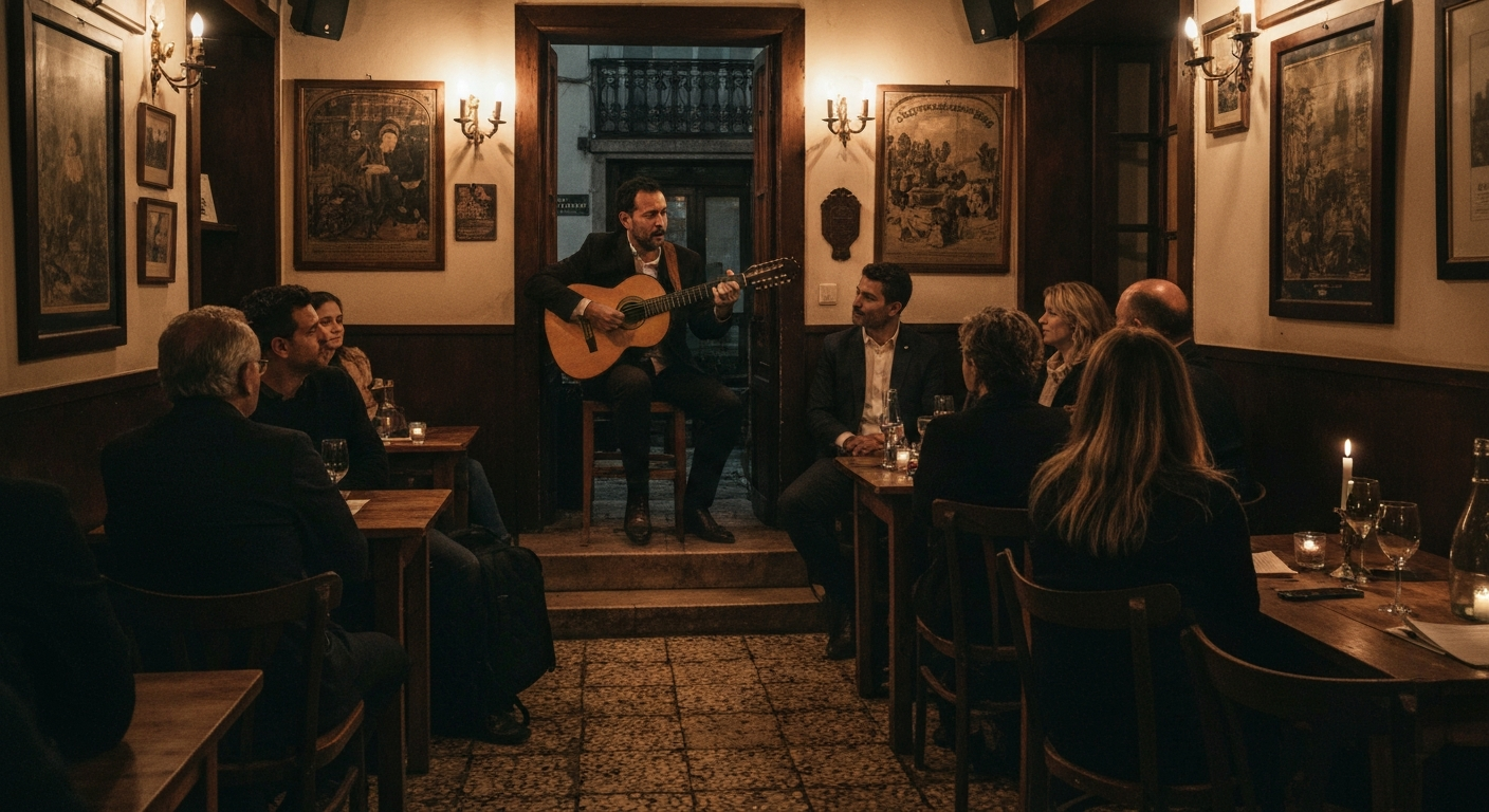 ภายใน Fado house ใน Alfama แสงเทียนอบอุ่น นักกีตาร์โปรตุเกสถือ guitarra 12 สาย ผู้ชมนั่งเงียบฟัง