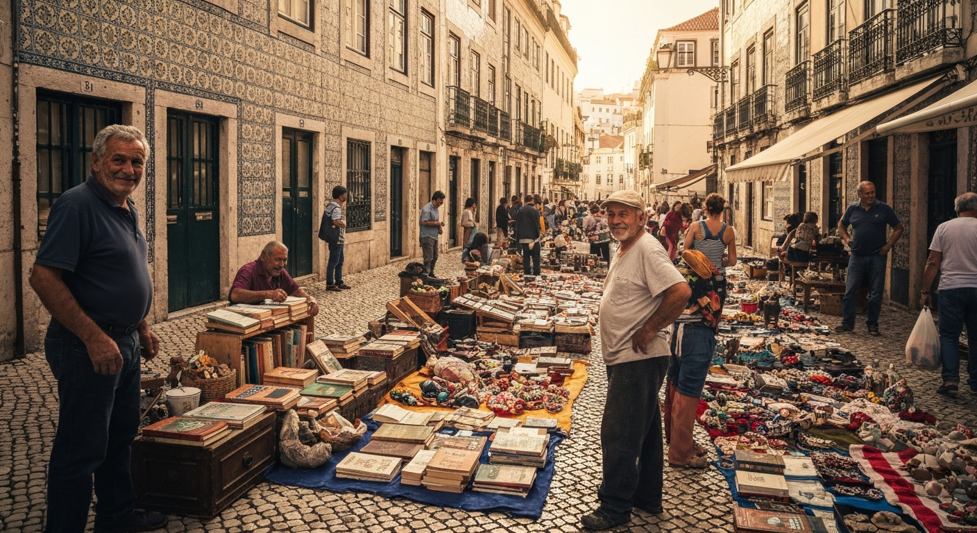 ตลาดนัด Feira da Ladra ใน Alfama ลิสบอน ของเก่า กระเบื้องอาซูเลฆุส และหนังสือมือสองกระจายบนพื้น