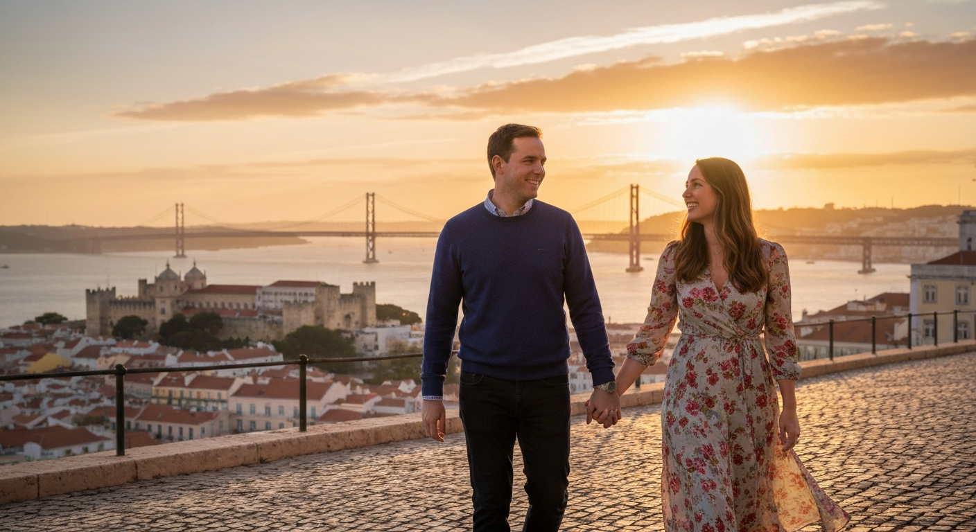 Miradouro da Graça ลิสบอนยามพลบค่ำ มองเห็น São Jorge Castle แม่น้ำ Tagus และสะพาน Ponte 25 de Abril