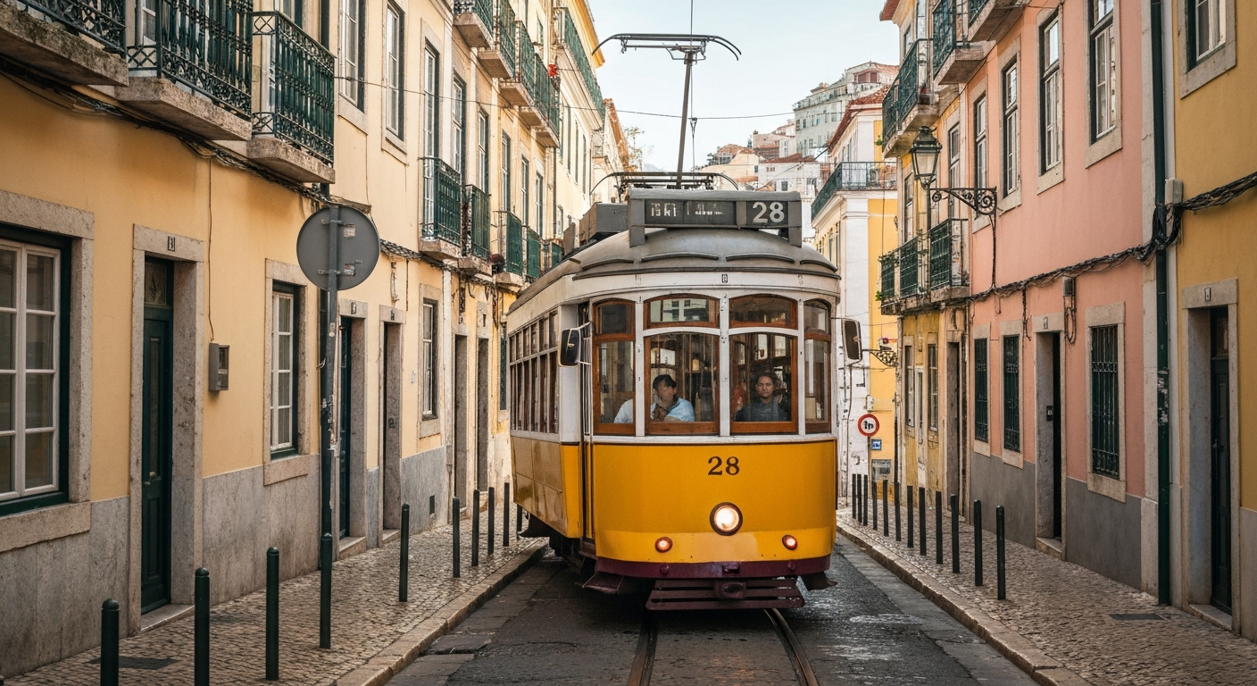 Tram 28 รถรางสีเหลืองวินเทจแล่นบนถนนชันใน Alfama ลิสบอน