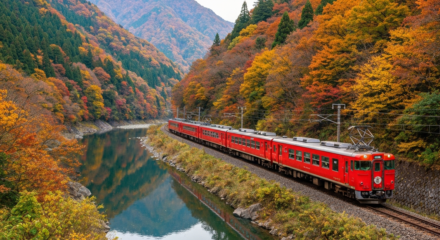 รถไฟชมวิว Sagano วิ่งเลียบแม่น้ำโฮซุในฤดูใบไม้ร่วง