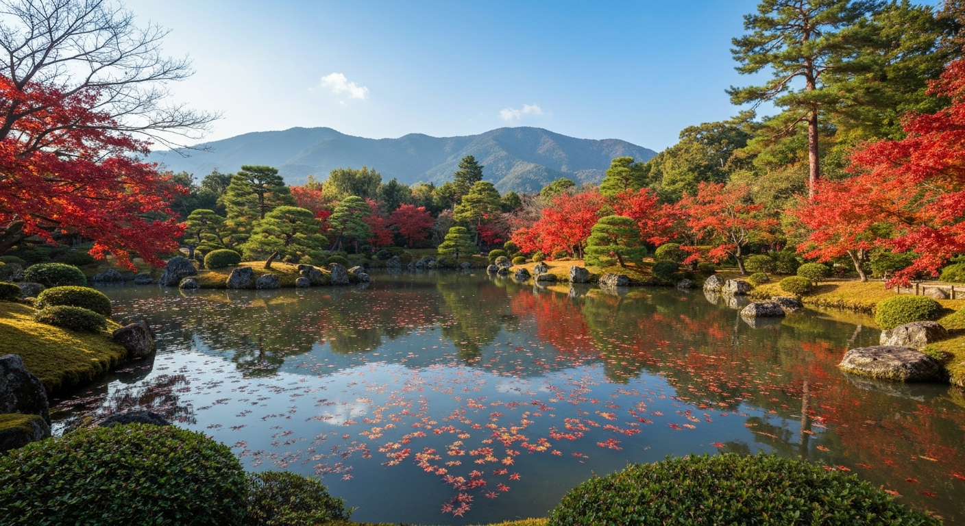 สวน Zen วัด Tenryu-ji อาราชิยามะ กับใบไม้แดงสะท้อนบ่อ Sogen