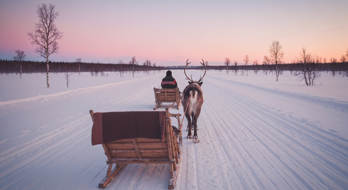 ประสบการณ์เลื่อนกวางเรนเดียร์แบบ Sámi ดั้งเดิมบนทุ่งหิมะใน Swedish Lapland แสงทไวไลต์อาร์กติกสีทอง