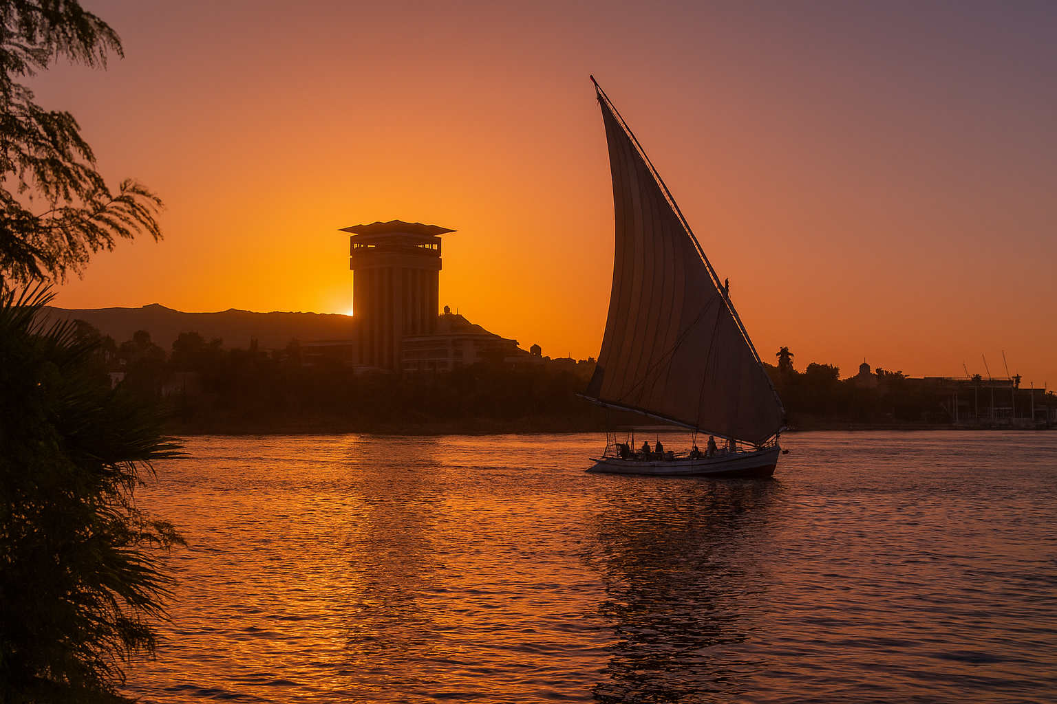 เรือ felucca บนแม่น้ำไนล์ที่อัสวาน ยามเย็น