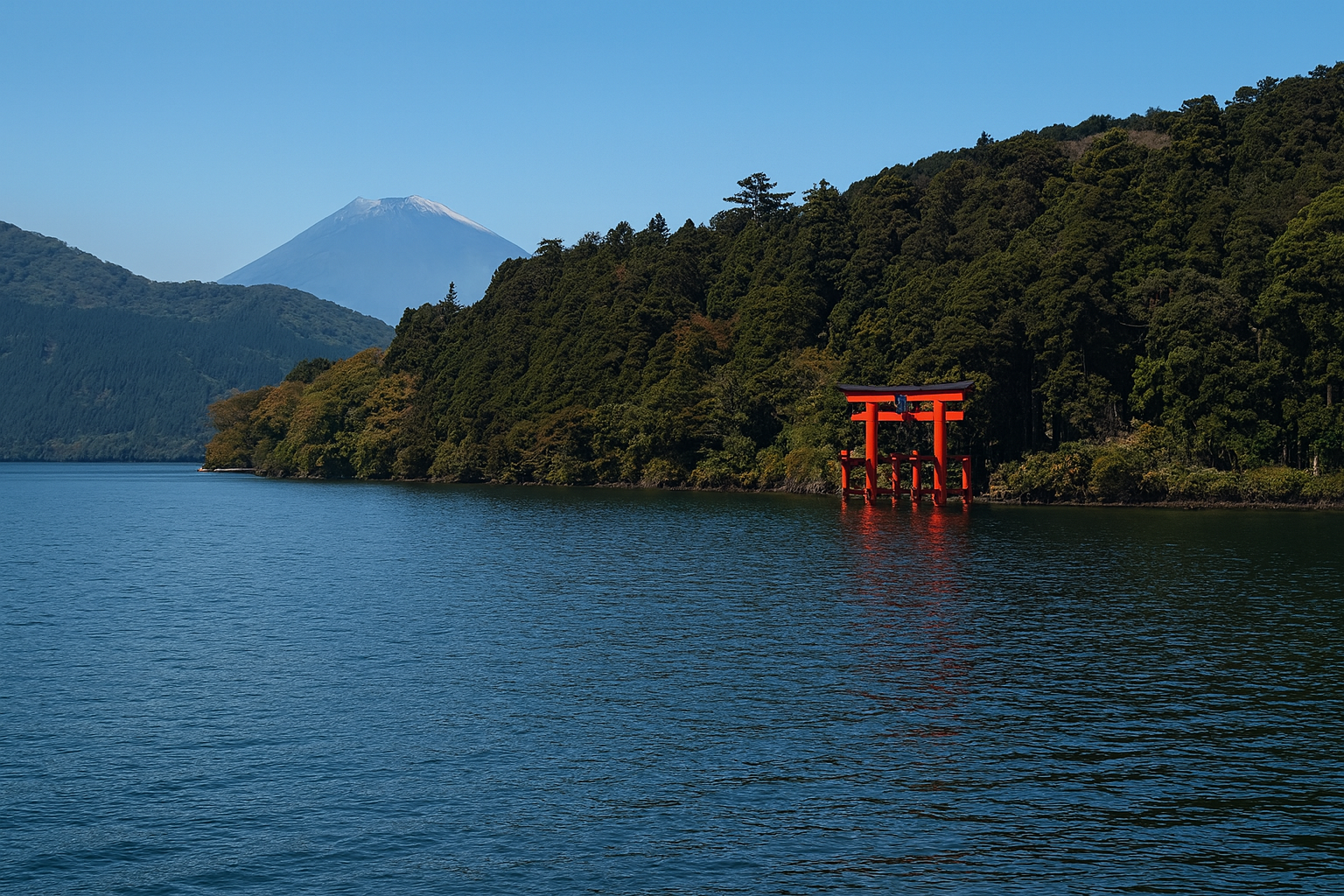 ประตู torii บนทะเลสาบ Ashi ฮาโกเน่ กับฟูจิ
