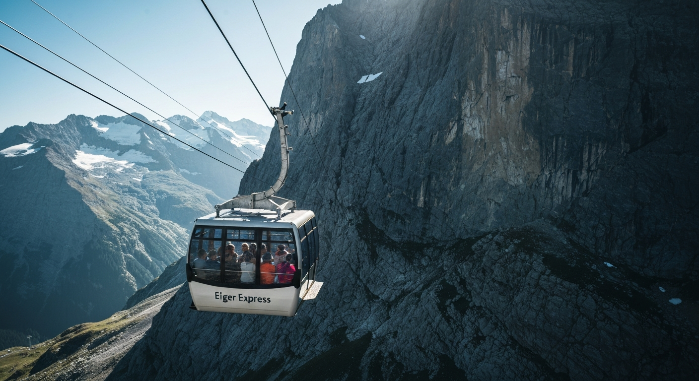 กระเช้า Eiger Express โดยสารผ่านใกล้หน้าผาเหนือของ Eiger ระยะใกล้ชิดเส้นทางดำนิล