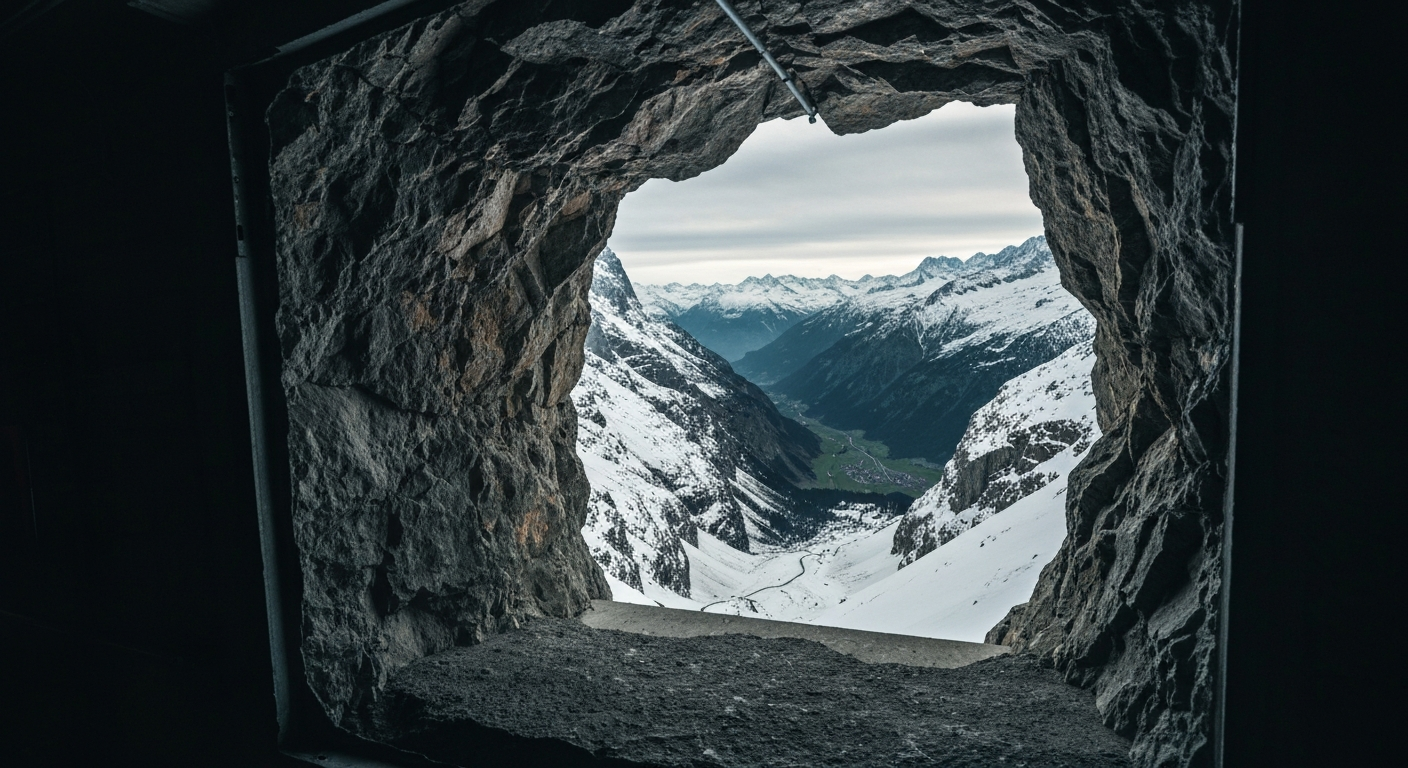 มุมมองจากหน้าต่างสถานี Eigerwand ภายในอุโมงค์ Eiger มองออกไปเห็นหุบเขา Grindelwald เบื้องล่าง
