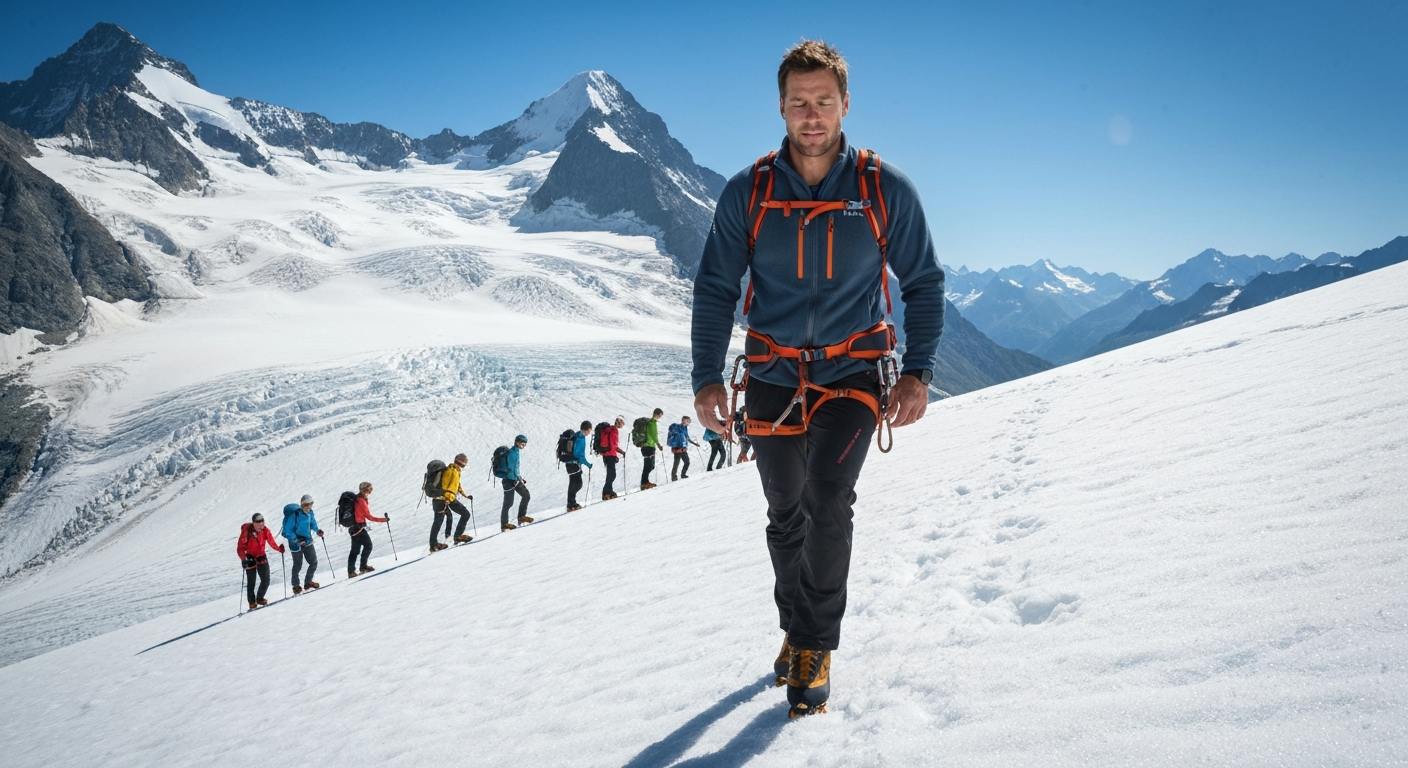 ไกด์ภูเขามืออาชีพนำกลุ่มนักเดินทางข้าม Aletsch Glacier ใกล้ Jungfraujoch ช่วงฤดูร้อน