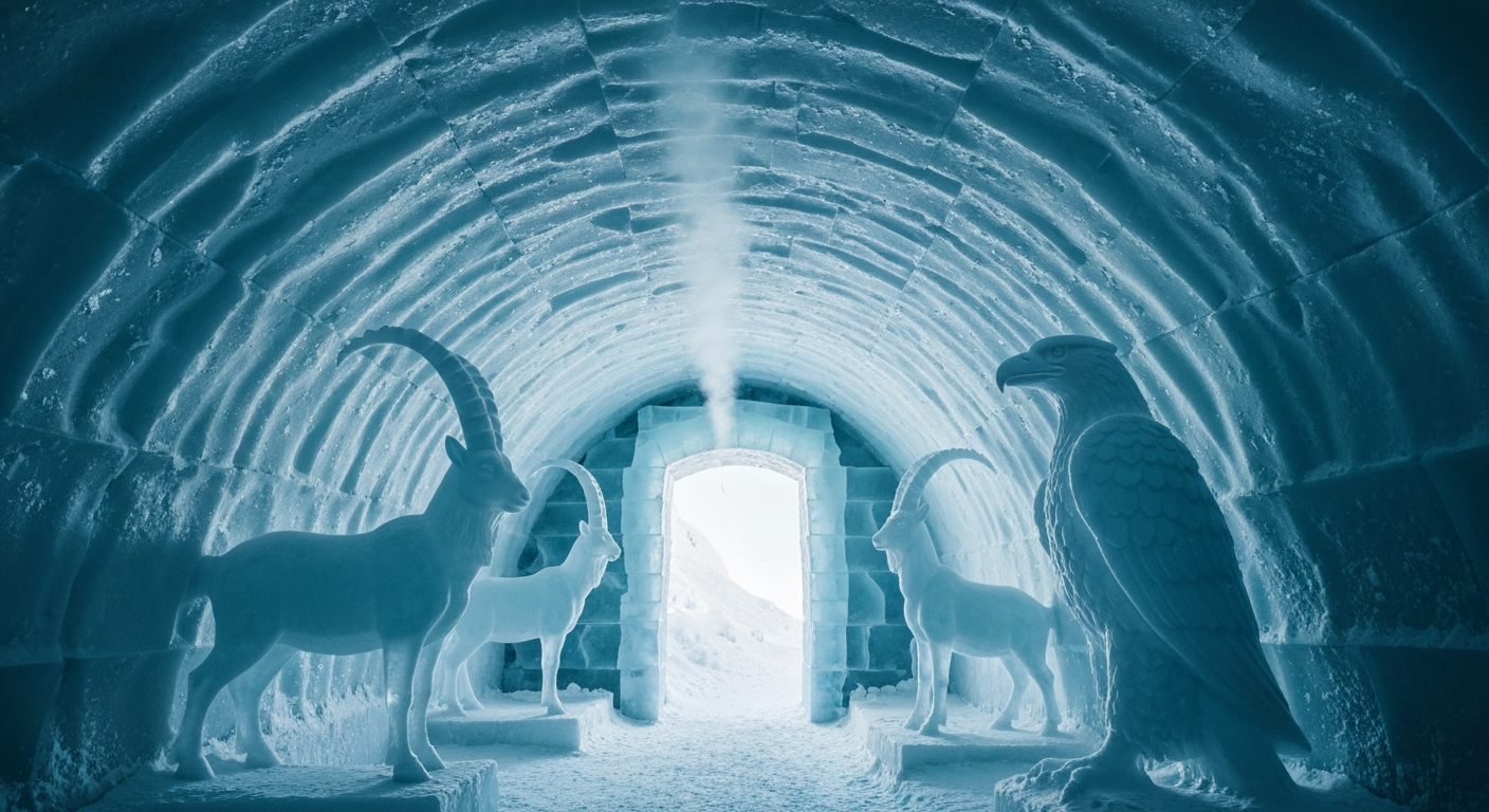 ภายใน Ice Palace ที่ Jungfraujoch อุโมงค์น้ำแข็งสีฟ้าสวยงามพร้อมประติมากรรมน้ำแข็งรูปไอเบ็กซ์และนกอินทรี