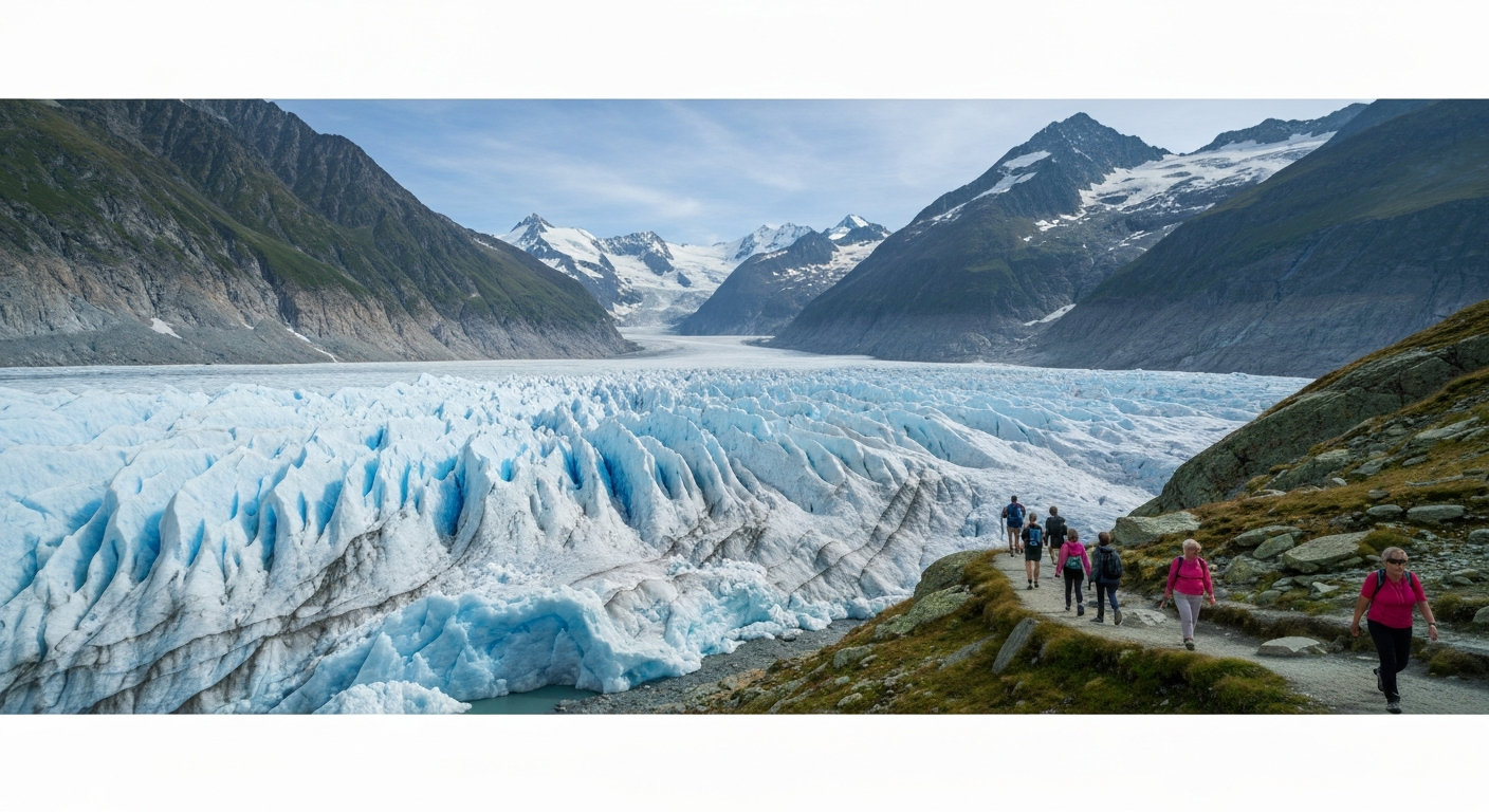 วิวพาโนรามาจาก Sphinx Observatory ระดับ 3,572 เมตร มองเห็น Aletsch Glacier และเทือกเขาแอลป์สวิสในเช้าที่อากาศใส