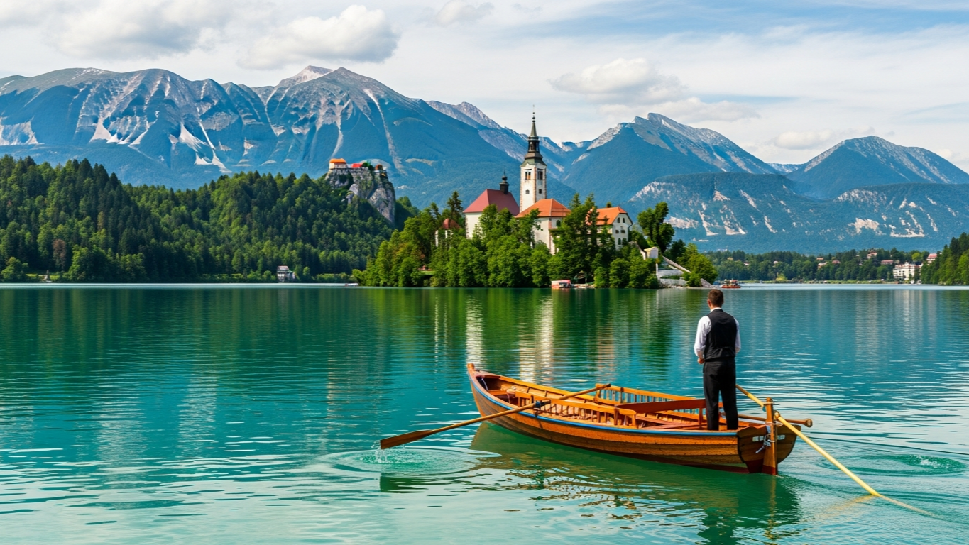เรือไม้ pletna ดั้งเดิมบนทะเลสาบ Lake Bled มุ่งหน้าสู่ Bled Island