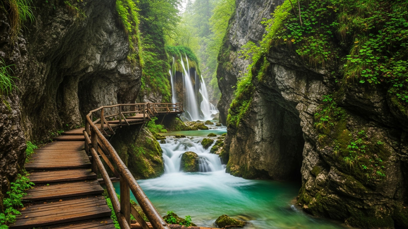 สะพานไม้ใน Vintgar Gorge เหนือน้ำสีมรกตที่ไหลแรง ห่างจาก Lake Bled เพียง 6 กิโลเมตร