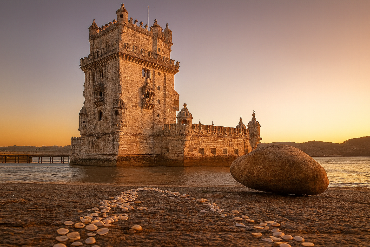 Torre de Belém หอคอย Manueline ริมแม่น้ำ Tejo ยามเย็น