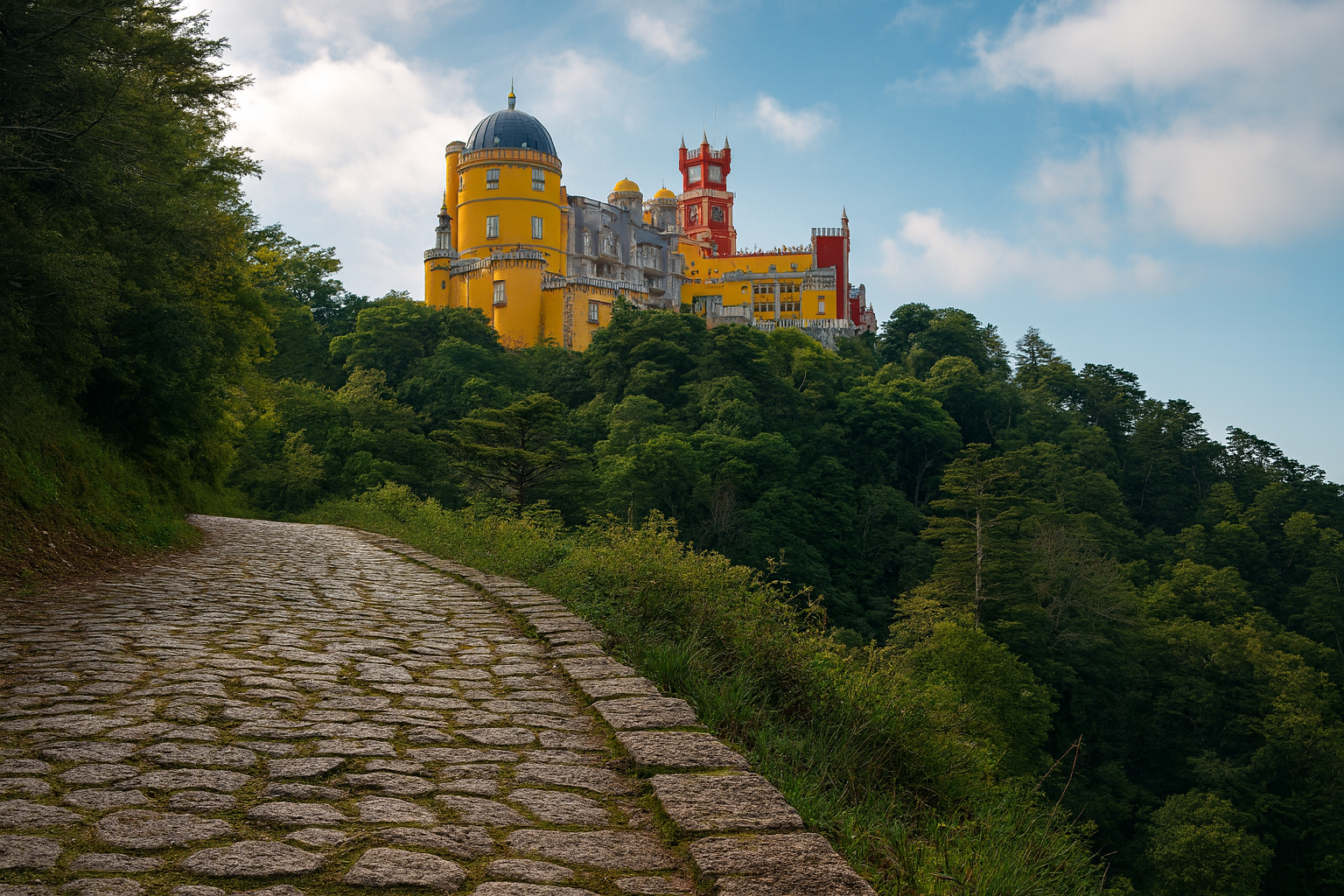 พระราชวัง Pena สีแดง-เหลืองบนเนินป่า Sintra วิวกว้าง
