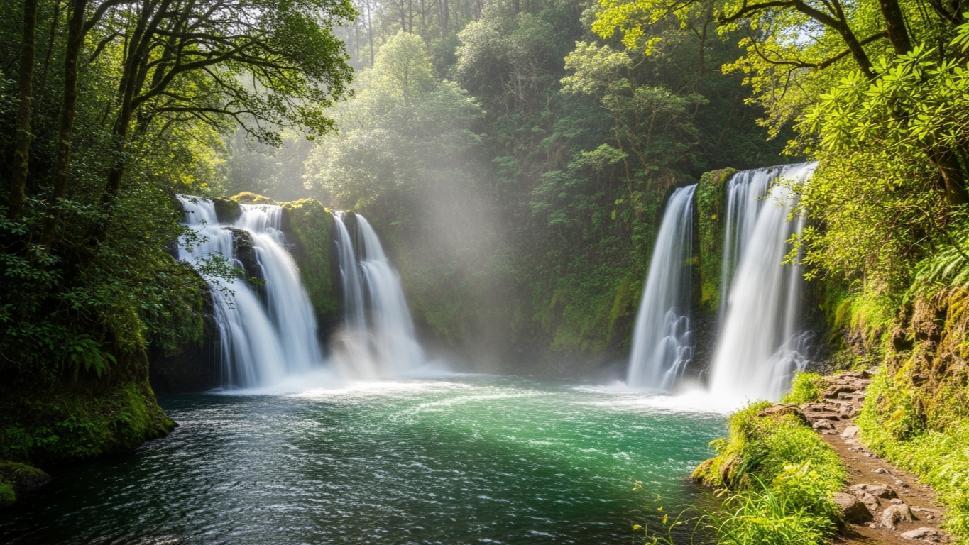 ทะเลสาบและน้ำตก 30 เมตรที่ปลายทาง Levada das 25 Fontes เกาะ Madeira