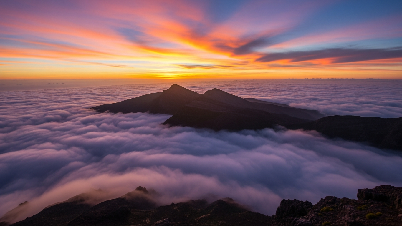 พระอาทิตย์ขึ้นเหนือทะเลเมฆที่ยอดเขา Pico do Arieiro ความสูง 1,800 เมตร เกาะ Madeira