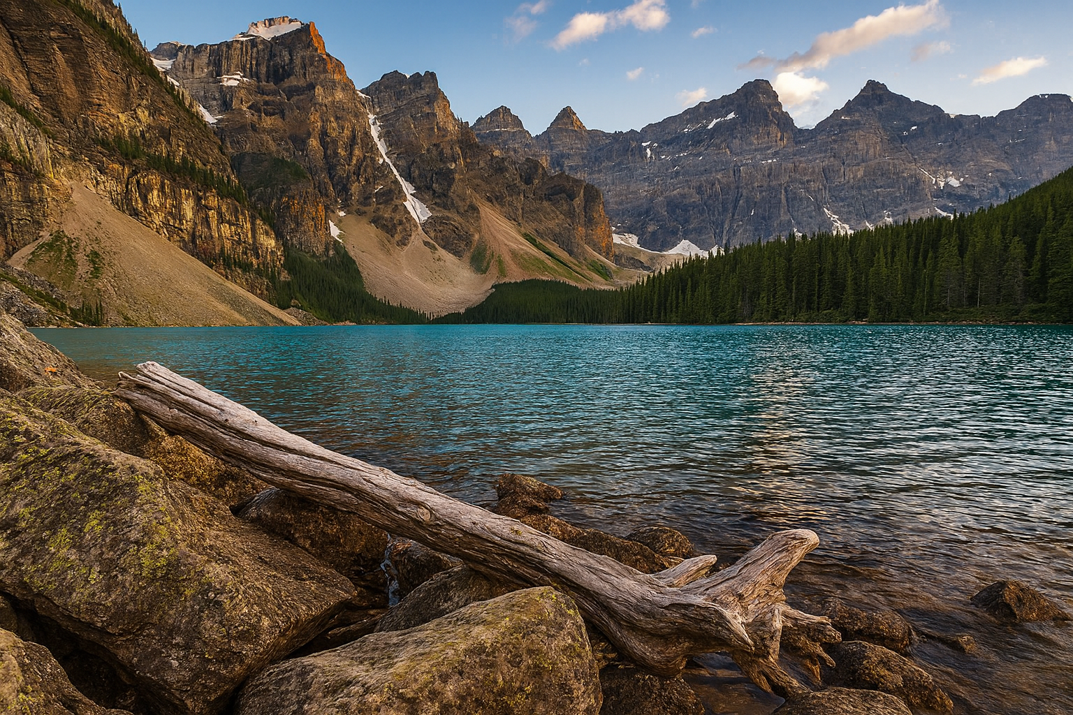 มุมมองจาก Rockpile มองลงสู่ทะเลสาบ Moraine Lake พร้อมยอดเขาสิบลูกเรียงเป็นแนวขอบฟ้า