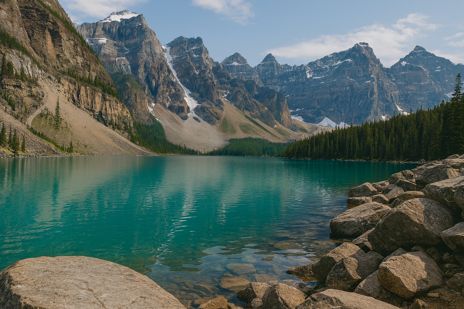 ตะกอน rock flour ลอยแขวนอยู่ในน้ำสีเทอร์ควอยซ์ใสของ Moraine Lake บริเวณชายฝั่ง