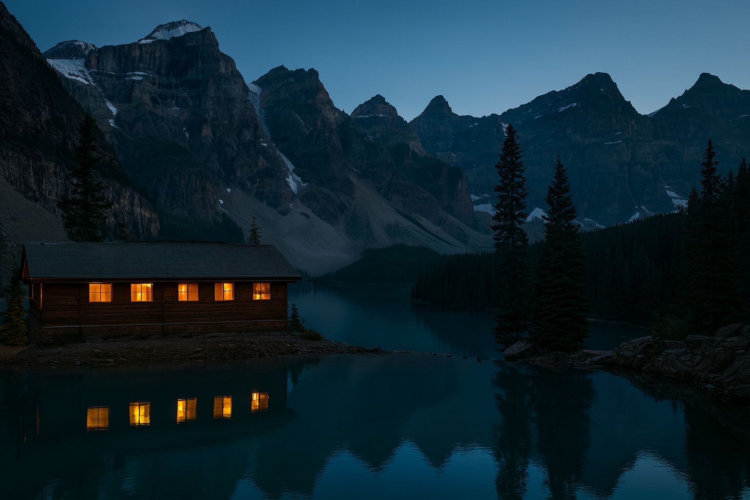 Moraine Lake Lodge ยามพลบค่ำ สถาปัตยกรรมไม้อบอุ่นสะท้อนแสงบนพื้นน้ำสีเทอร์ควอยซ์