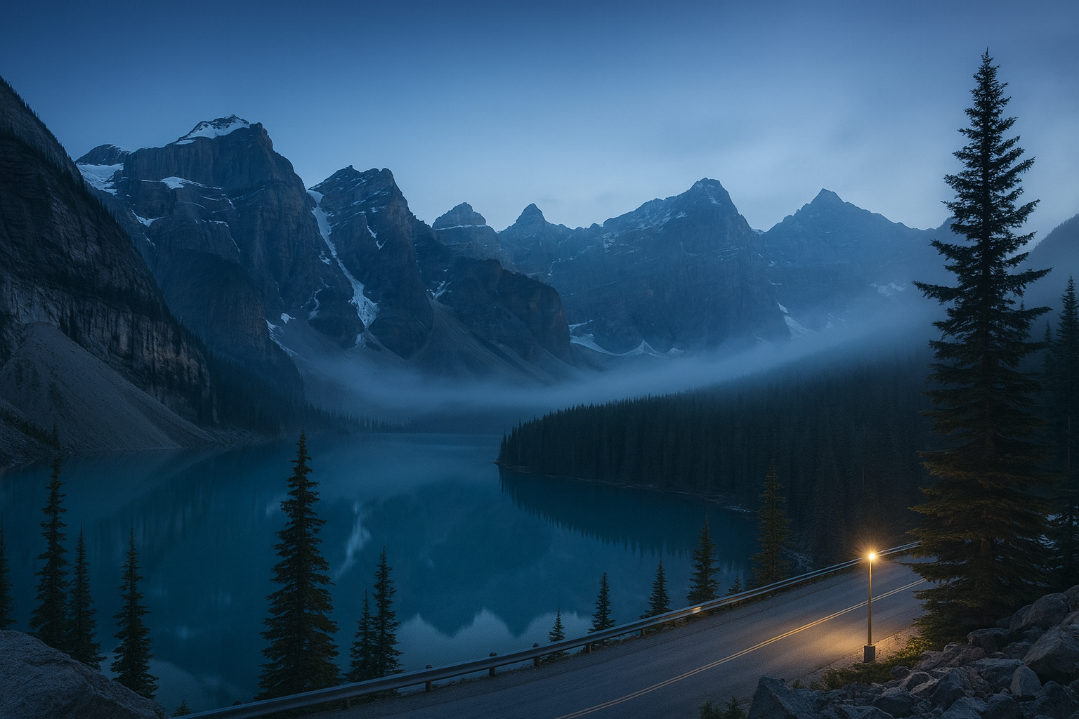 จุดรอรถชัตเทิลไปยัง Moraine Lake ช่วงก่อนรุ่งสางที่ Banff National Park