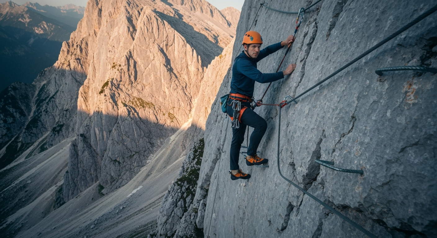 เส้นทาง via ferrata 400 เมตรสุดท้ายของ Mount Triglav มีสายเหล็กยึดหินปูนเพื่อความปลอดภัย