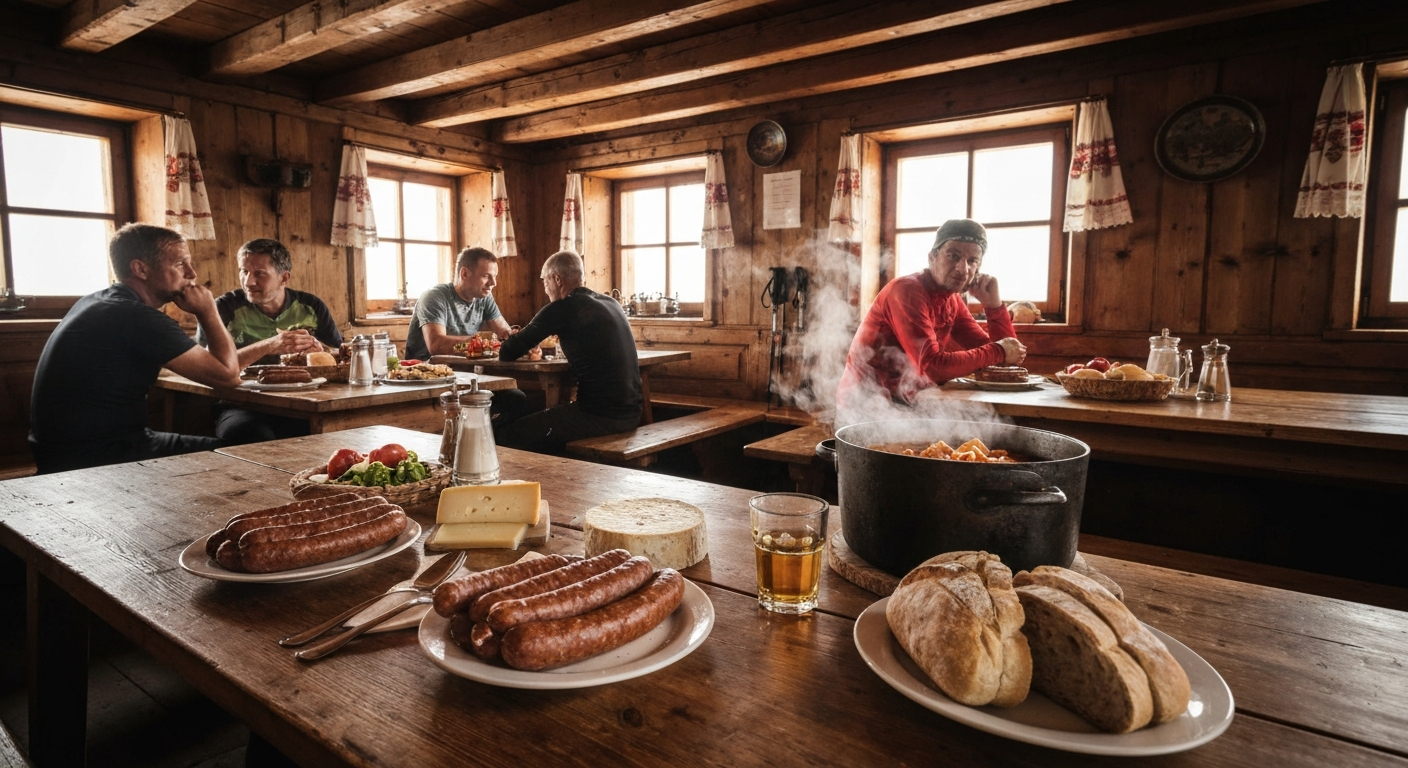 ภายใน mountain hut สไตล์สโลวีน อาหารท้องถิ่น kranjska klobasa ชีส และกูลาสบนโต๊ะไม้ บรรยากาศอบอุ่นหลังวันเดิน