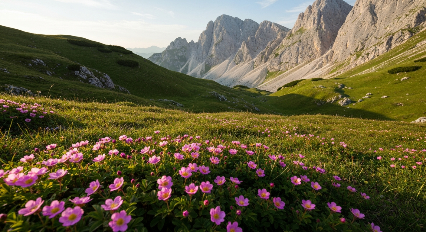 ทุ่งหญ้าแอลไพน์ใน Triglav National Park ปกคลุมด้วยดอก Triglav rose สีชมพูอ่อนในฤดูร้อน