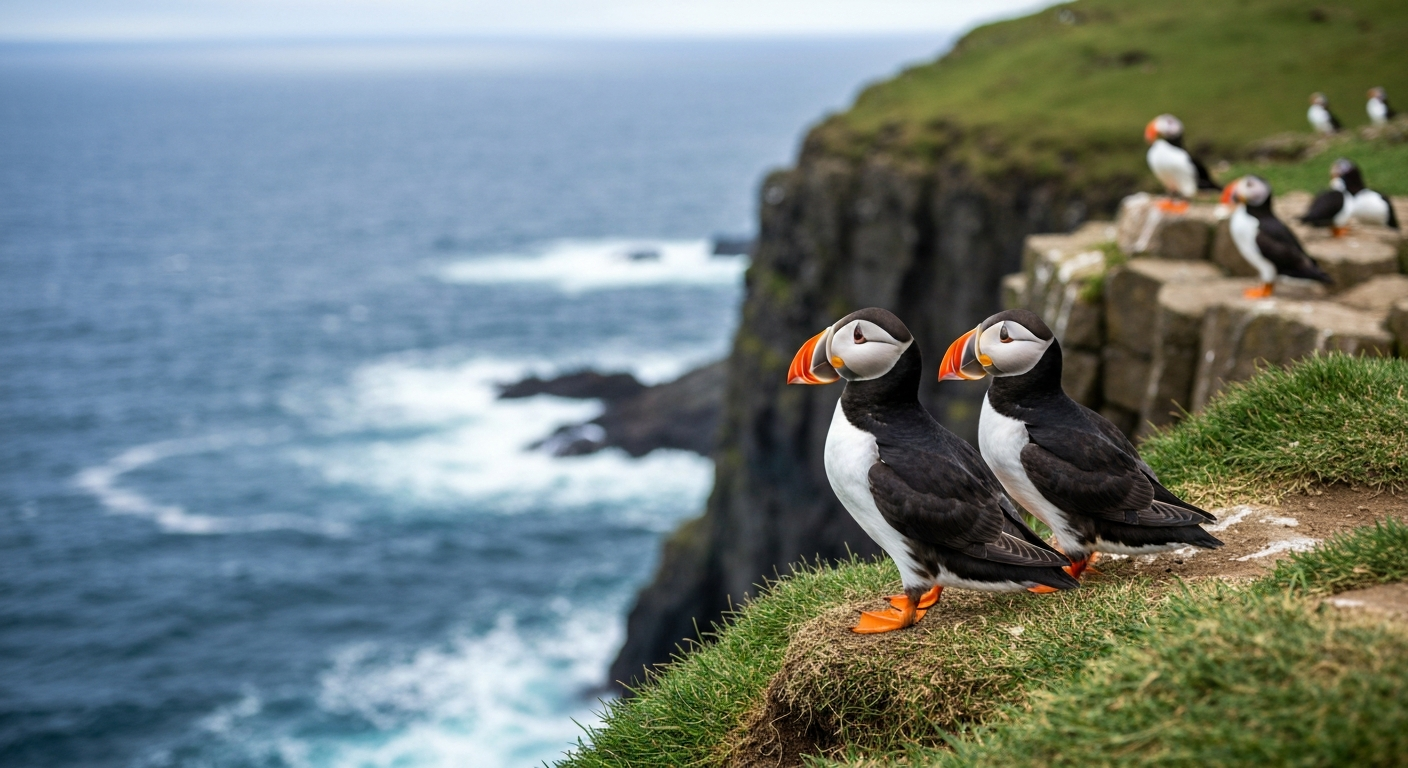 นก puffin หน้าผาใกล้ Múlafossur หมู่เกาะแฟโร ช่วงฤดูผสมพันธุ์เดือนมิถุนายน