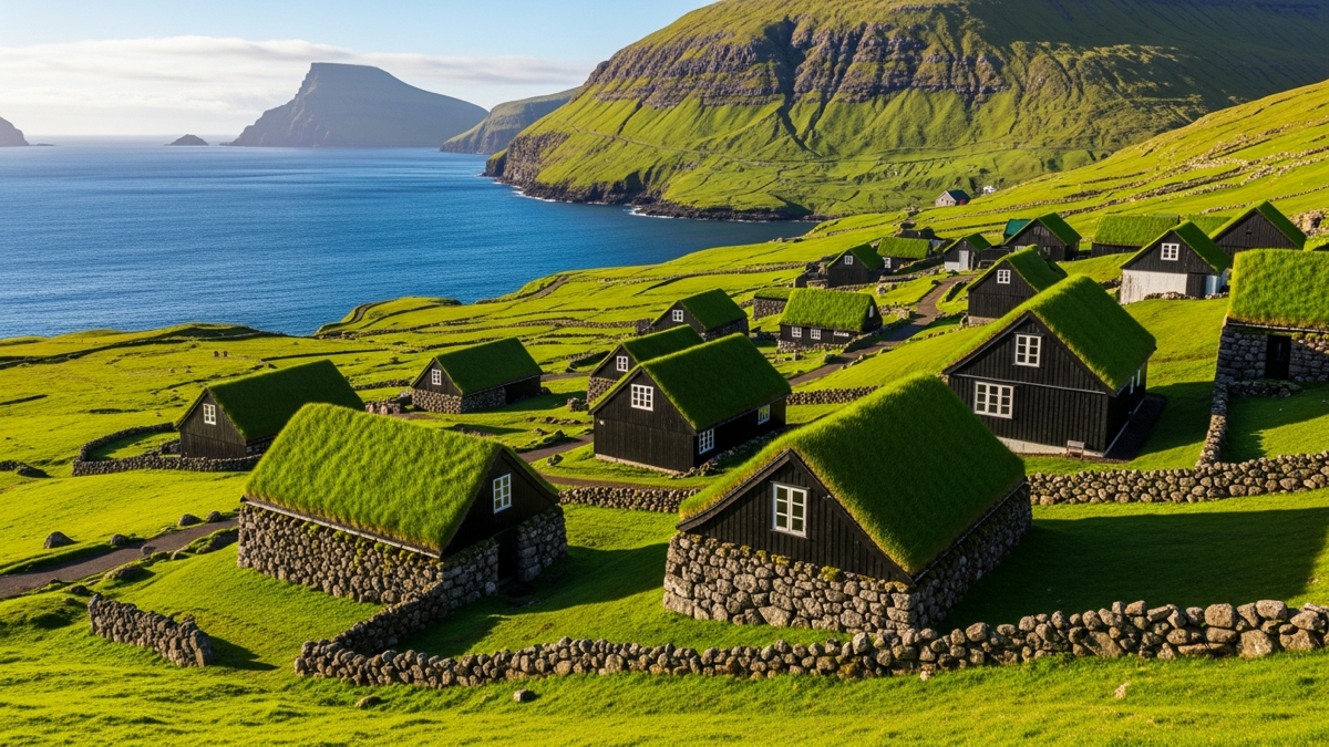 เรือเฟอร์รีเข้าใกล้เกาะ Mykines ผ่านหน้าผาบะซอลต์สูงชันกลางมหาสมุทรแอตแลนติก