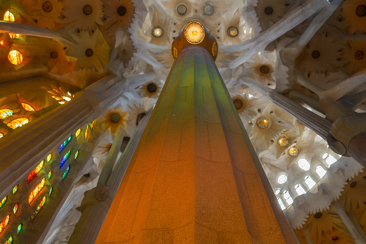 ภายใน Sagrada Família แสงผ่านกระจกสี