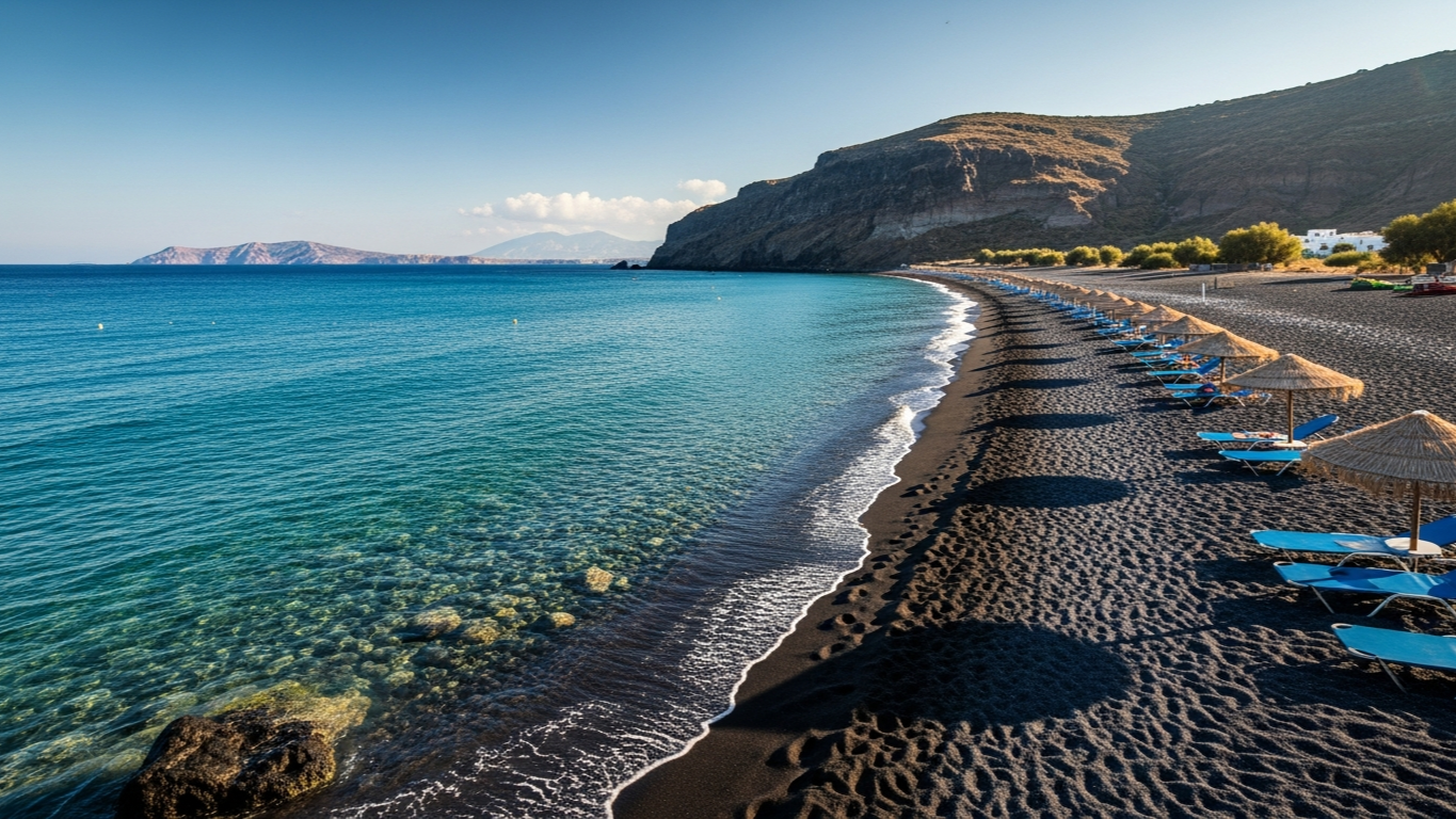 ชายหาดทรายดำ Kamari ของ Santorini ทรายภูเขาไฟสีเข้มตัดกับทะเลสีน้ำเงินเข้ม