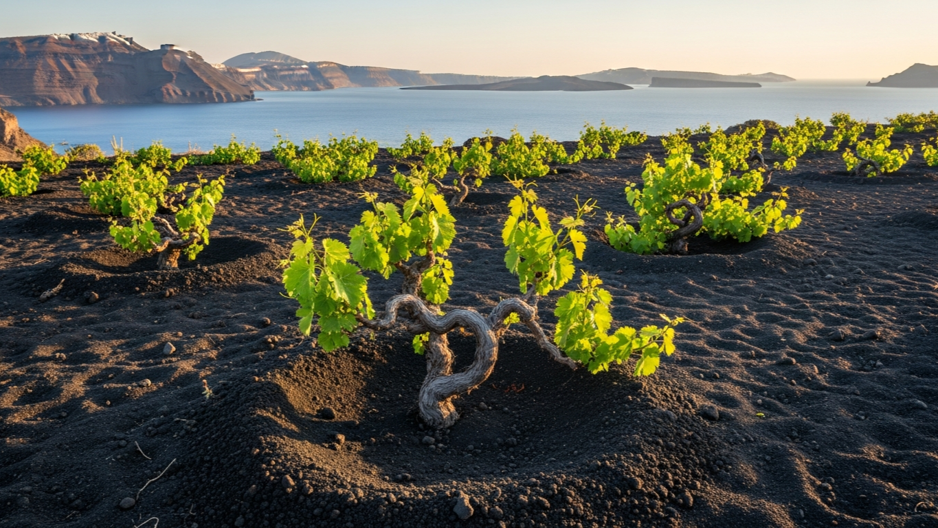 เถาองุ่น Assyrtiko ขดเป็นรูปตะกร้า kouloura ต่ำติดดินภูเขาไฟของ Santorini ไร่องุ่นท้องถิ่น