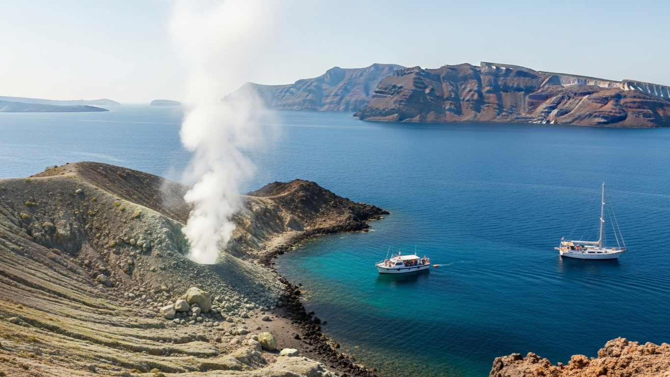 เกาะภูเขาไฟ Nea Kameni ใน caldera ของ Santorini ไอน้ำพวยขึ้นจากหิน บ่อน้ำพุร้อนกลางทะเล