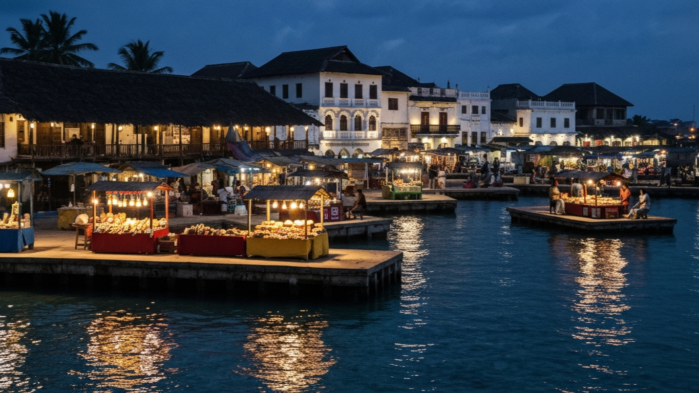 ตลาดอาหารกลางคืน Forodhani Gardens ใน Stone Town Zanzibar แผงอาหารริมทะเลแสงไฟส่องควันย่างกลิ่นถ่าน