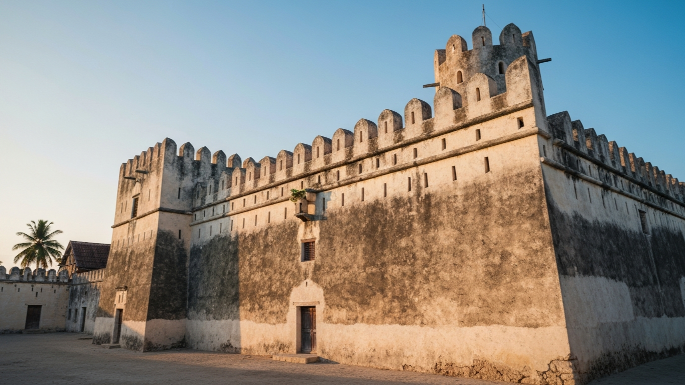 Old Fort ใน Stone Town Zanzibar กำแพงหินปะการังสูงใหญ่สร้างในปี 1698 แสงเช้าส่องสีเหลืองอำพัน