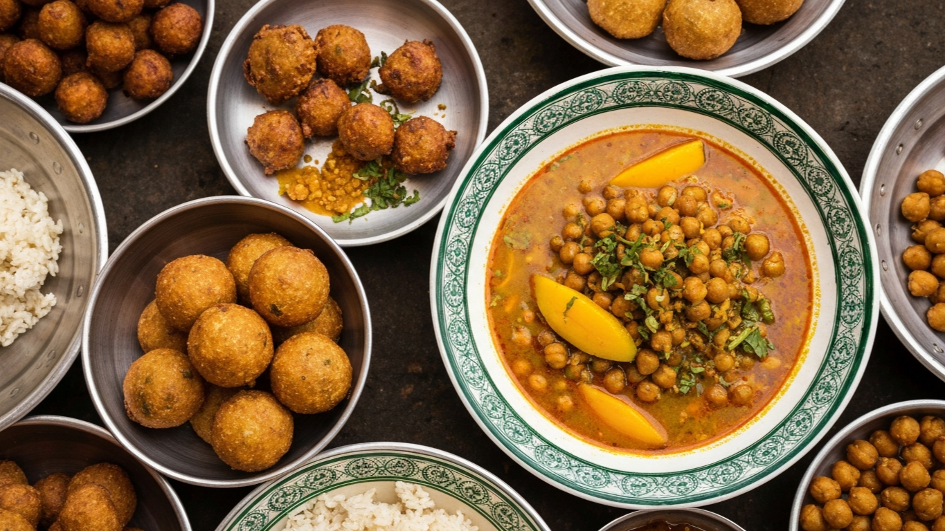 ชามซุป urojo จากตลาด Forodhani Zanzibar น้ำซุปมะม่วงมะขามสีทองใส่ chickpea fritter และ cassava flakes