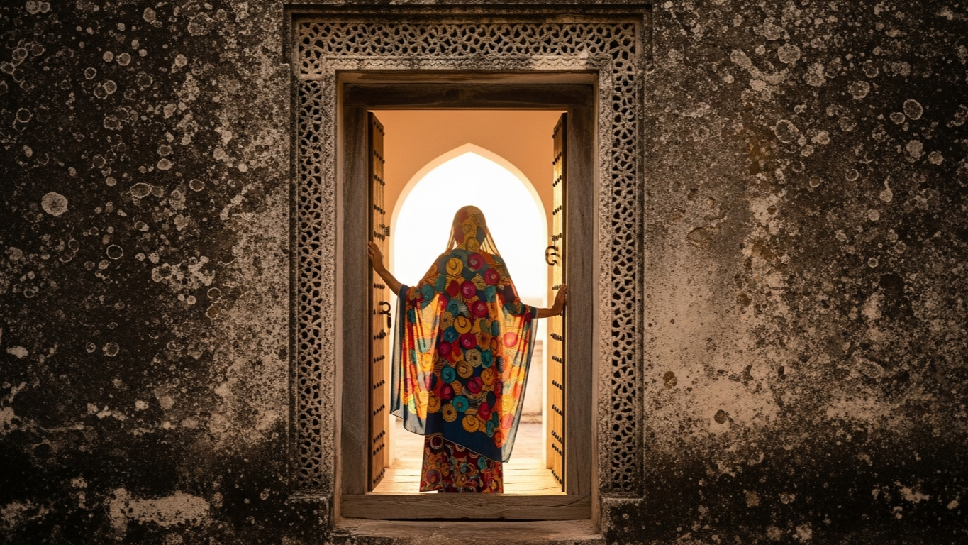 หญิงชาว Zanzibar นุ่งผ้า kanga ลวดลายสีสดนั่งอยู่หน้าบ้านหินปะการังใน Stone Town