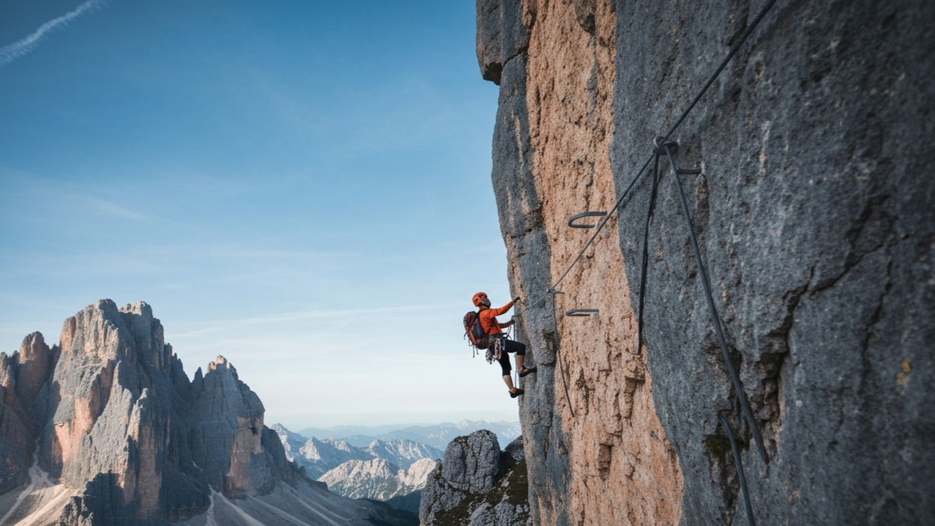 นักเดินป่าสวม harness บนเส้น Via Ferrata ยึดลวดเหล็กยุคสงครามโลกครั้งที่ 1 ใน The Dolomites