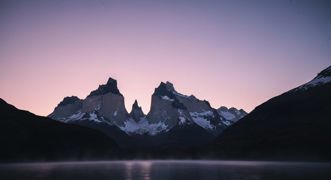 Cuernos del Paine สะท้อนบนผิวน้ำนิ่งของ Lago Nordenskjöld ในยามรุ่งสาง