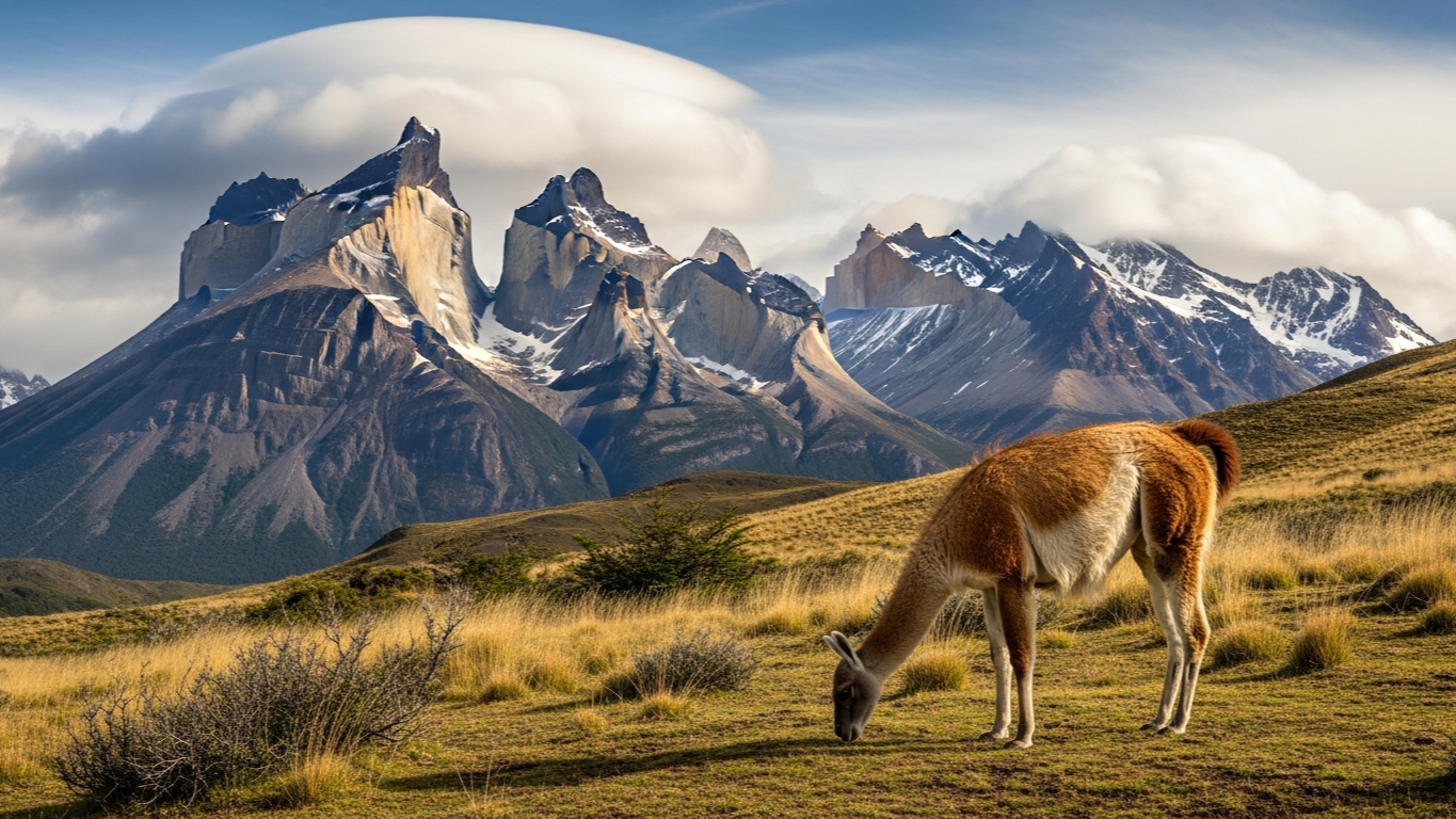 กัวนาโกสัตว์ป่าประจำถิ่นยืนอยู่บนทุ่งหญ้าพร้อมฉากหลังเป็น Cuernos del Paine