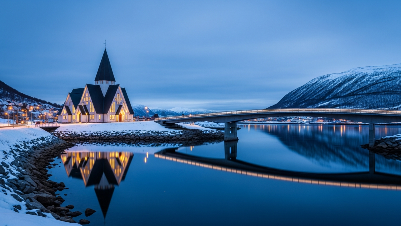 Arctic Cathedral เมือง Tromsø มองจากสะพาน Tromsø Bridge ในแสง blue hour