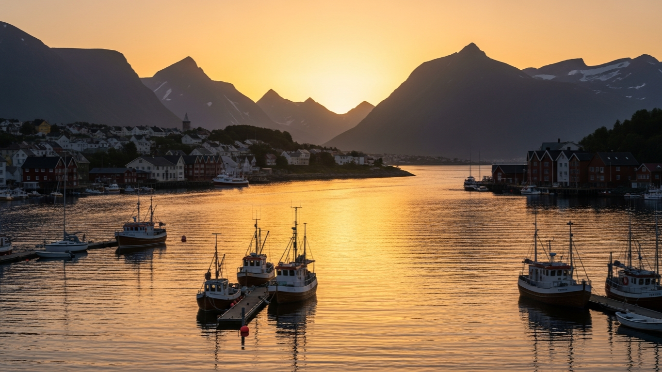 ดวงอาทิตย์เที่ยงคืนเหนือฟยอร์ด Tromsø ในเดือนมิถุนายน แสงทองสะท้อนผิวน้ำ