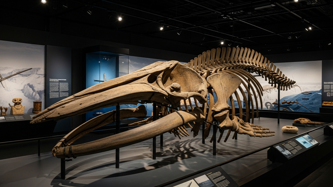 ห้องจำลองแสงเหนือใน Tromsø University Museum แสงสีเขียวน้ำเงินเหนือผู้เข้าชม