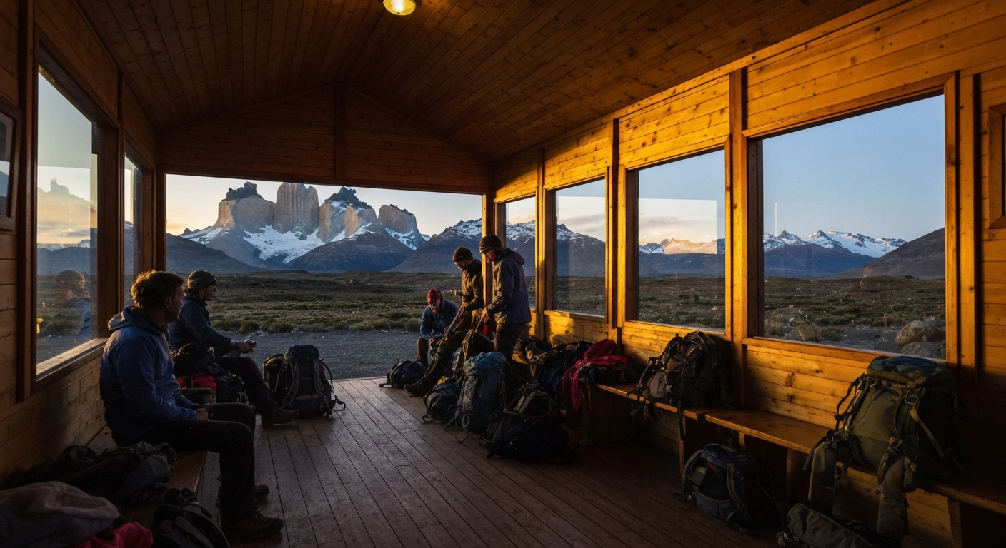 ภายใน refugio ใน Torres del Paine ไฟอบอุ่นยามเย็น นักเดินทางพักหลังวันเดินป่า