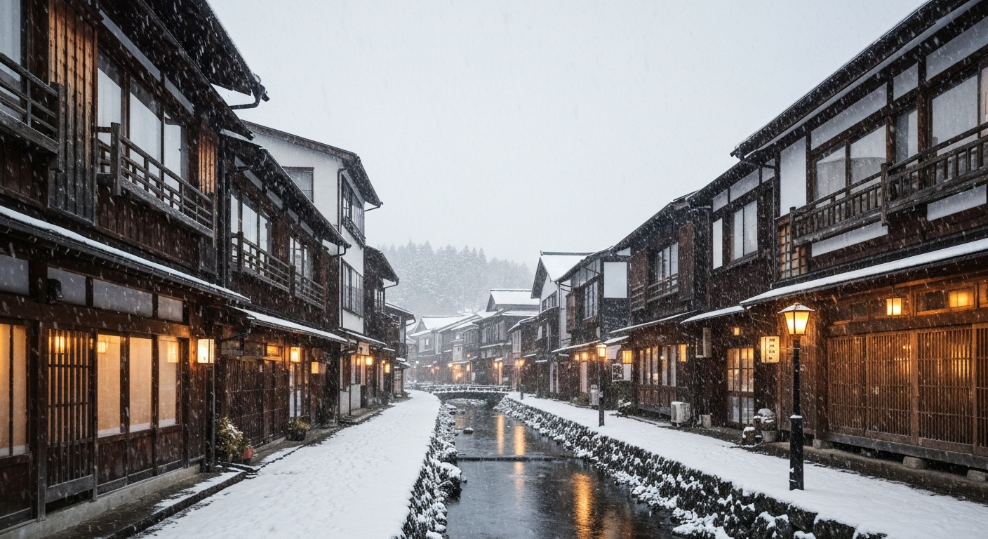 Ginzan Onsen หมู่บ้านออนเซ็นยุค Taishō ใน Yamagata ยามค่ำคืนฤดูหนาวกับหิมะและโคมแก๊สริมลำธาร