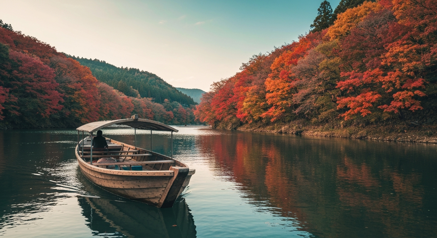 ล่องเรือแม่น้ำ Mogami ใน Yamagata ช่วงฤดูใบไม้ร่วง ขนาบด้วยใบไม้สีแดงส้มสองฝั่งน้ำ