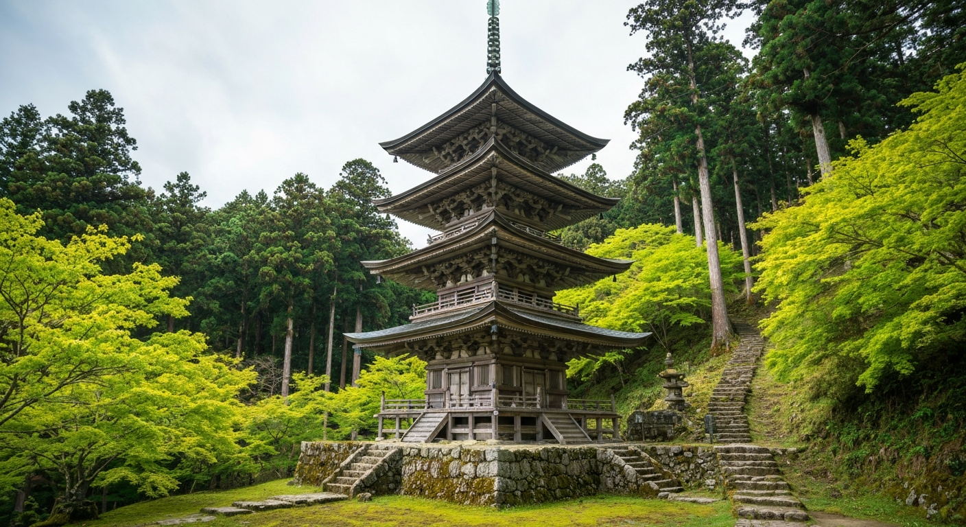 เจดีย์ห้าชั้ง Goju-to บน Mount Haguro ส่วนหนึ่งของ Dewa Sanzan ท่ามกลางป่า cedar อายุหลายร้อยปี