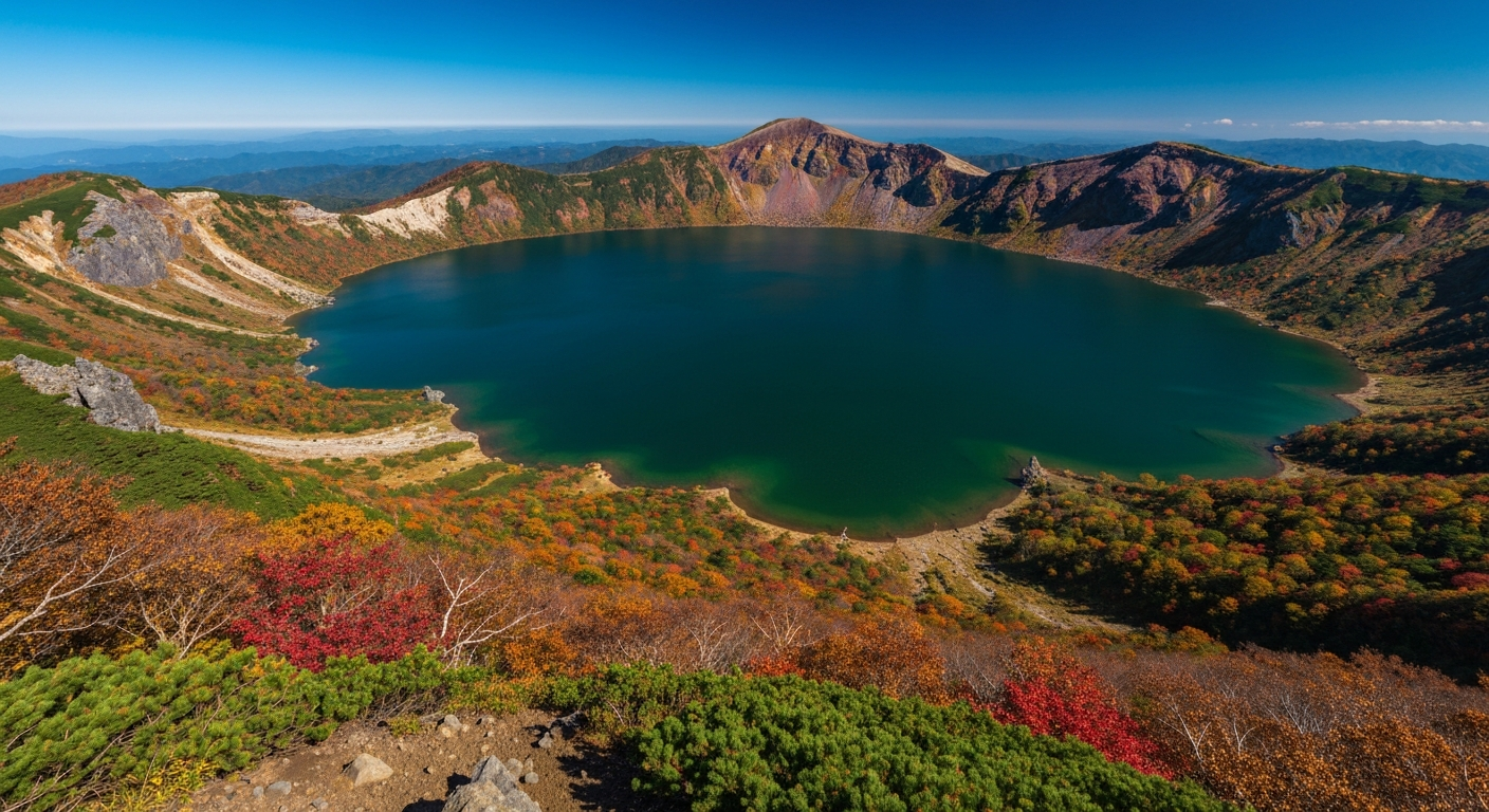 ทะเลสาบปล่องภูเขาไฟ Okama บน Mount Zao สีเขียวมรกตล้อมรอบด้วยใบไม้เปลี่ยนสีในฤดูใบไม้ร่วง
