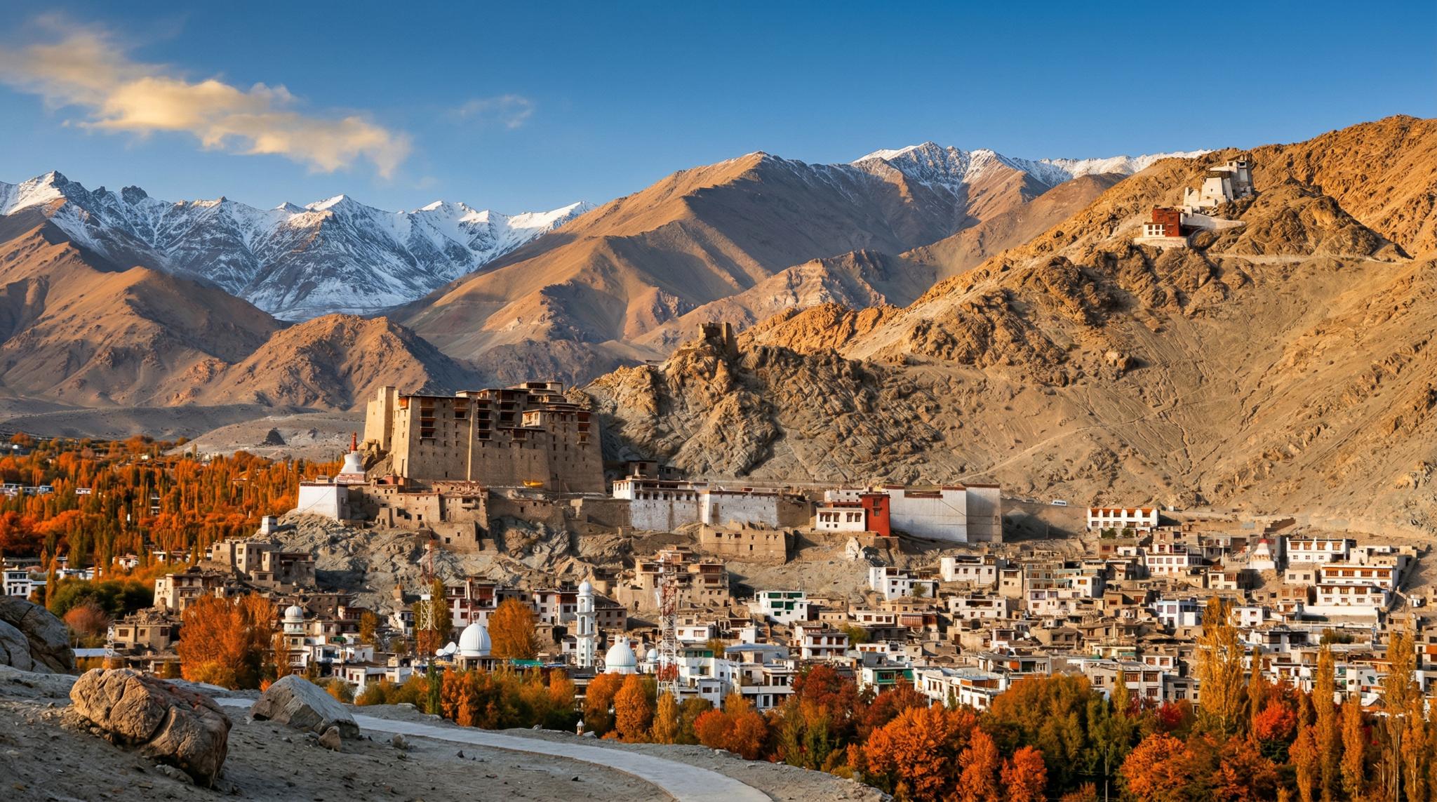 Leh Palace พระราชวังที่สร้างขึ้นในศตวรรษที่ 16 จากจุดนี้สามารถมองเห็นเมืองเก่า แนวภูเขา Zanskar และวัด Spituk ได้จากมุมสูง