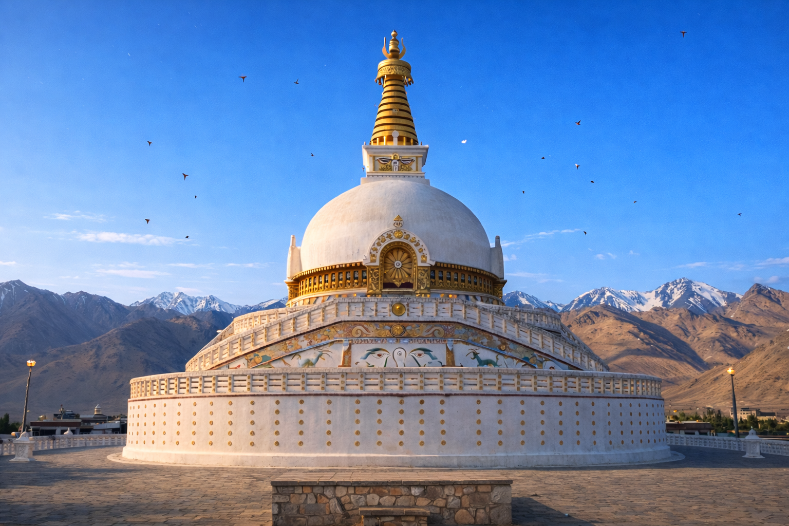 Shanti Stupa สถูปพุทธสีขาวบนเนินเขาในย่าน Chanspa